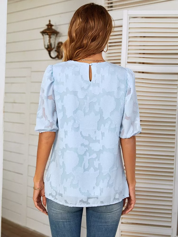 Short Sleeve O Neck Blouse Top - Sky Blue