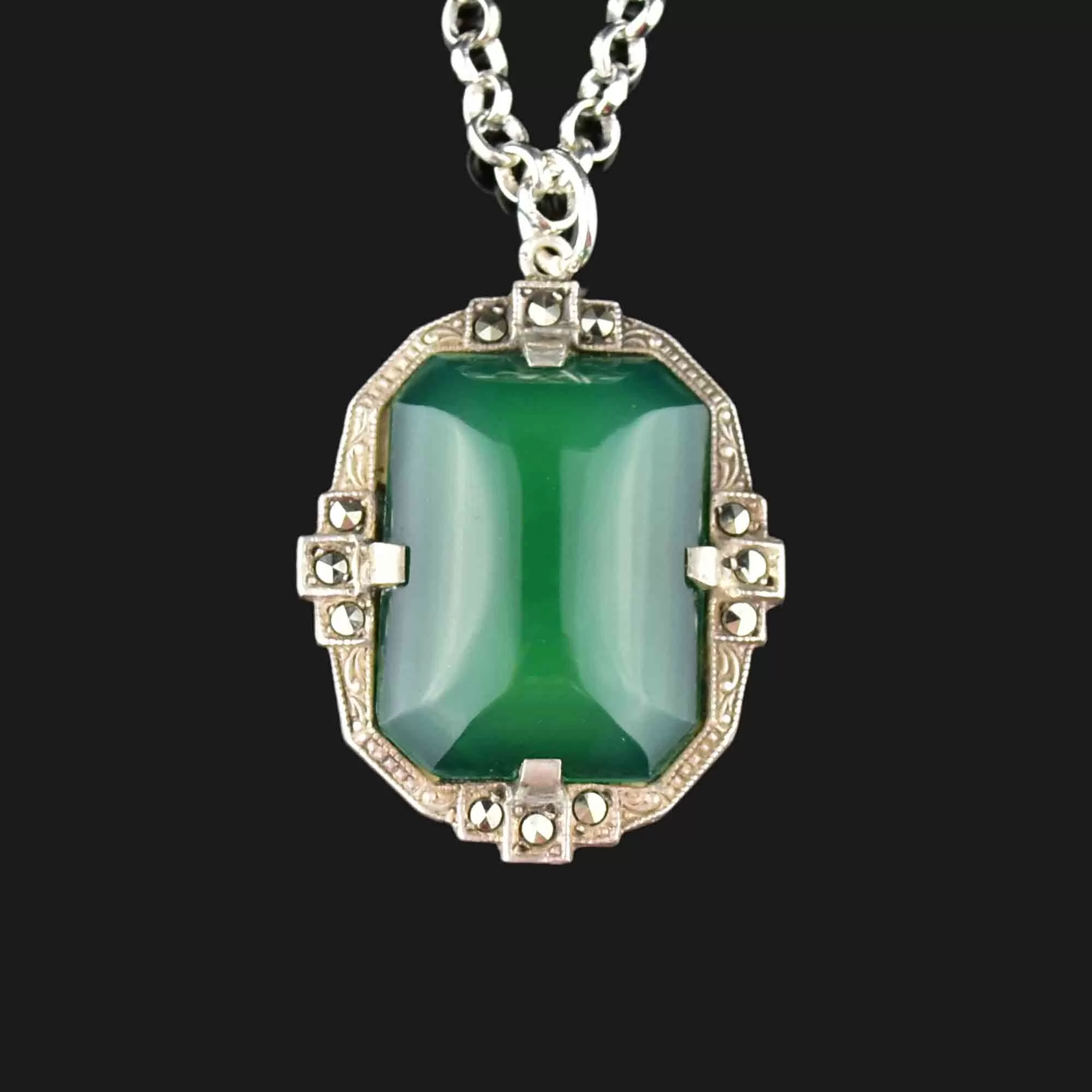 Silver Art Deco Chrysoprase Marcasite Pendant Necklace