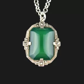 Silver Art Deco Chrysoprase Marcasite Pendant Necklace