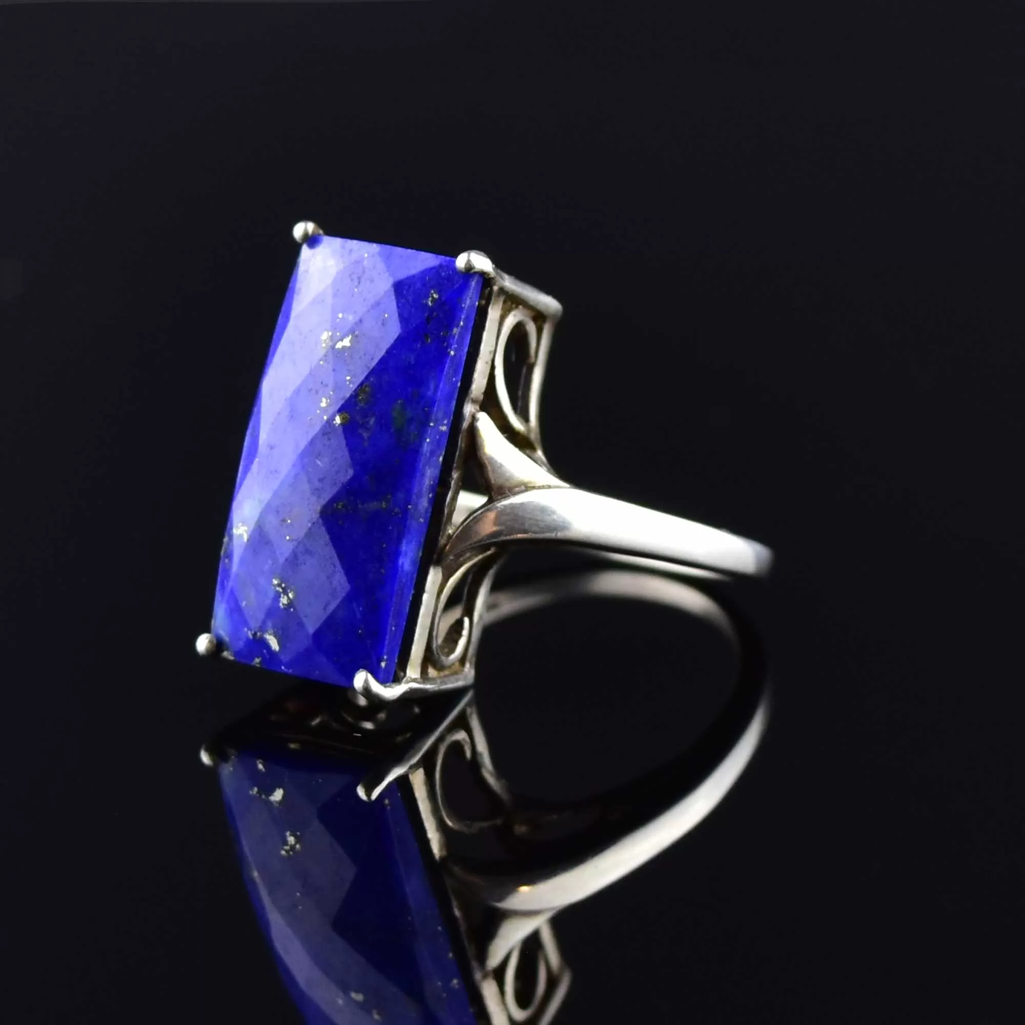 Silver Faceted Lapis Lazuli Statement Ring, SZ 8.5