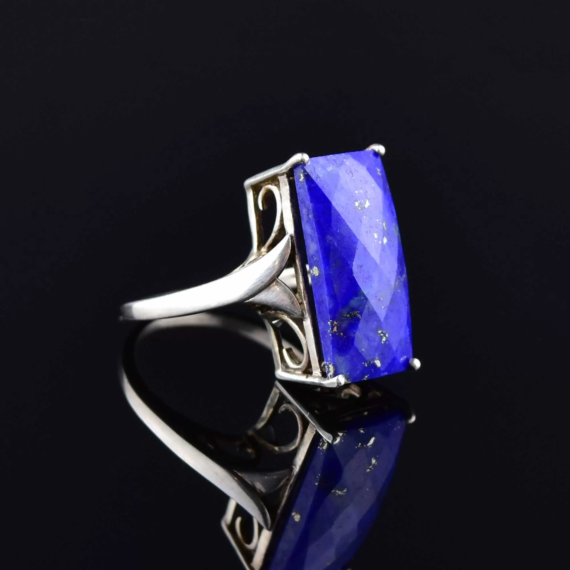 Silver Faceted Lapis Lazuli Statement Ring, SZ 8.5