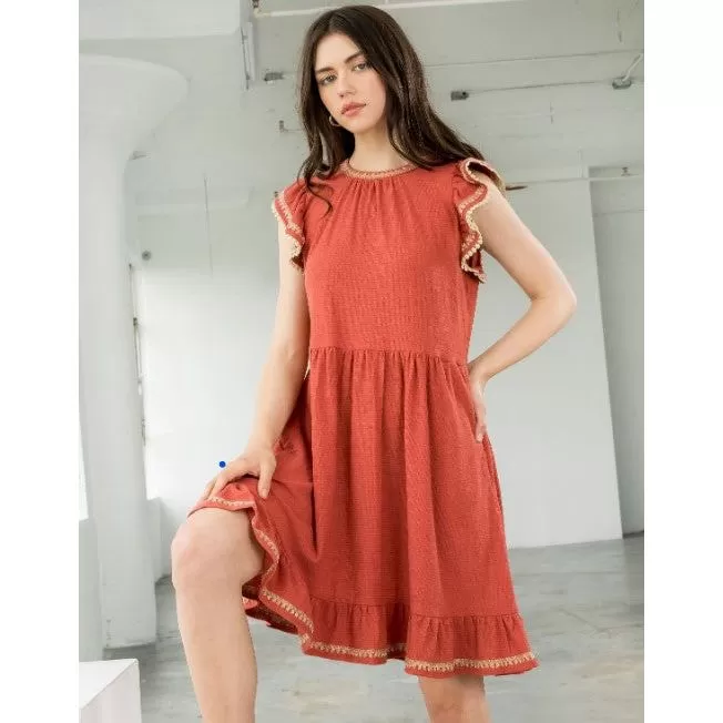 Sorya Rust Embroidered Flutter Sleeve Dress-SALE