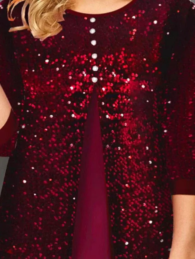 Sparkling Wine Sequin Plus Size Blouse with Half Sleeves for Women