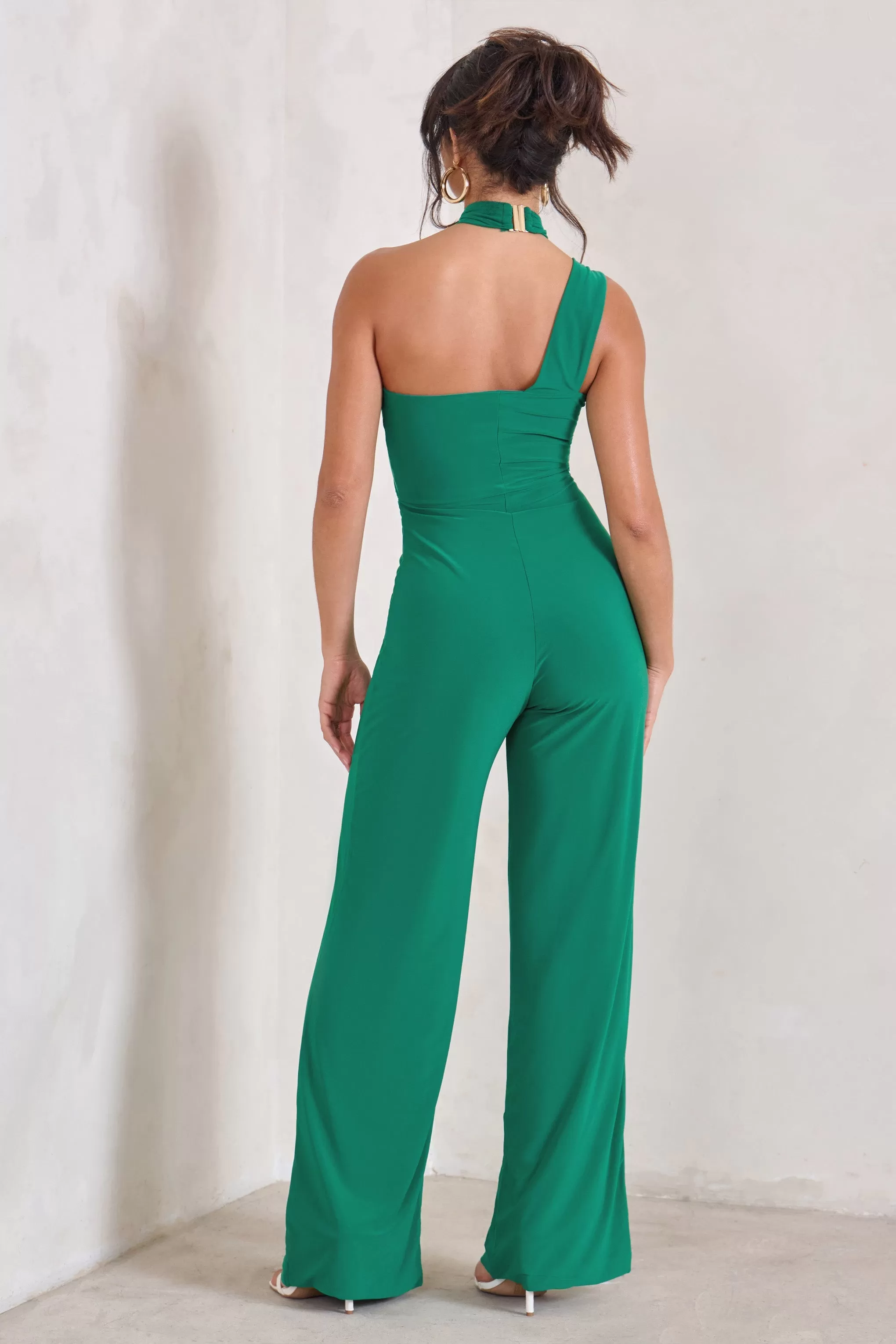 Tilly | Green Cut Out Halterneck Asymmetrical Jumpsuit