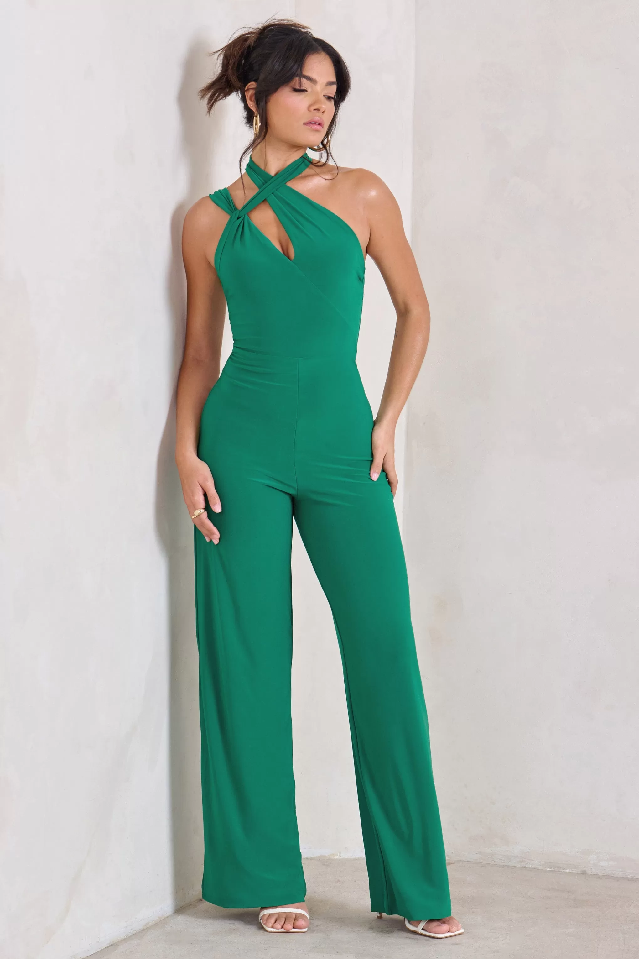 Tilly | Green Cut Out Halterneck Asymmetrical Jumpsuit