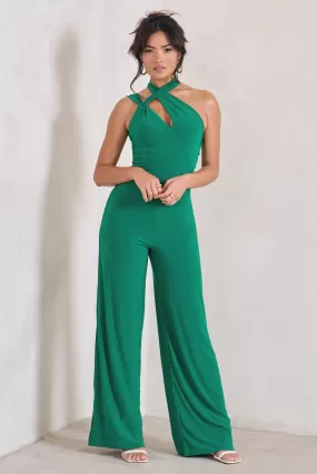 Tilly | Green Cut Out Halterneck Asymmetrical Jumpsuit