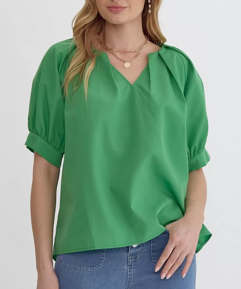 V-Neck Top with Pleat Detail - Pink OR Green