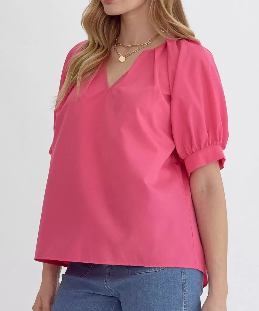 V-Neck Top with Pleat Detail - Pink OR Green