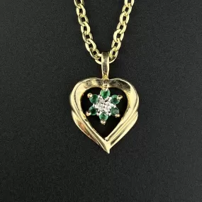 Vintage 10K Gold Emerald Diamond Heart Pendant Necklace