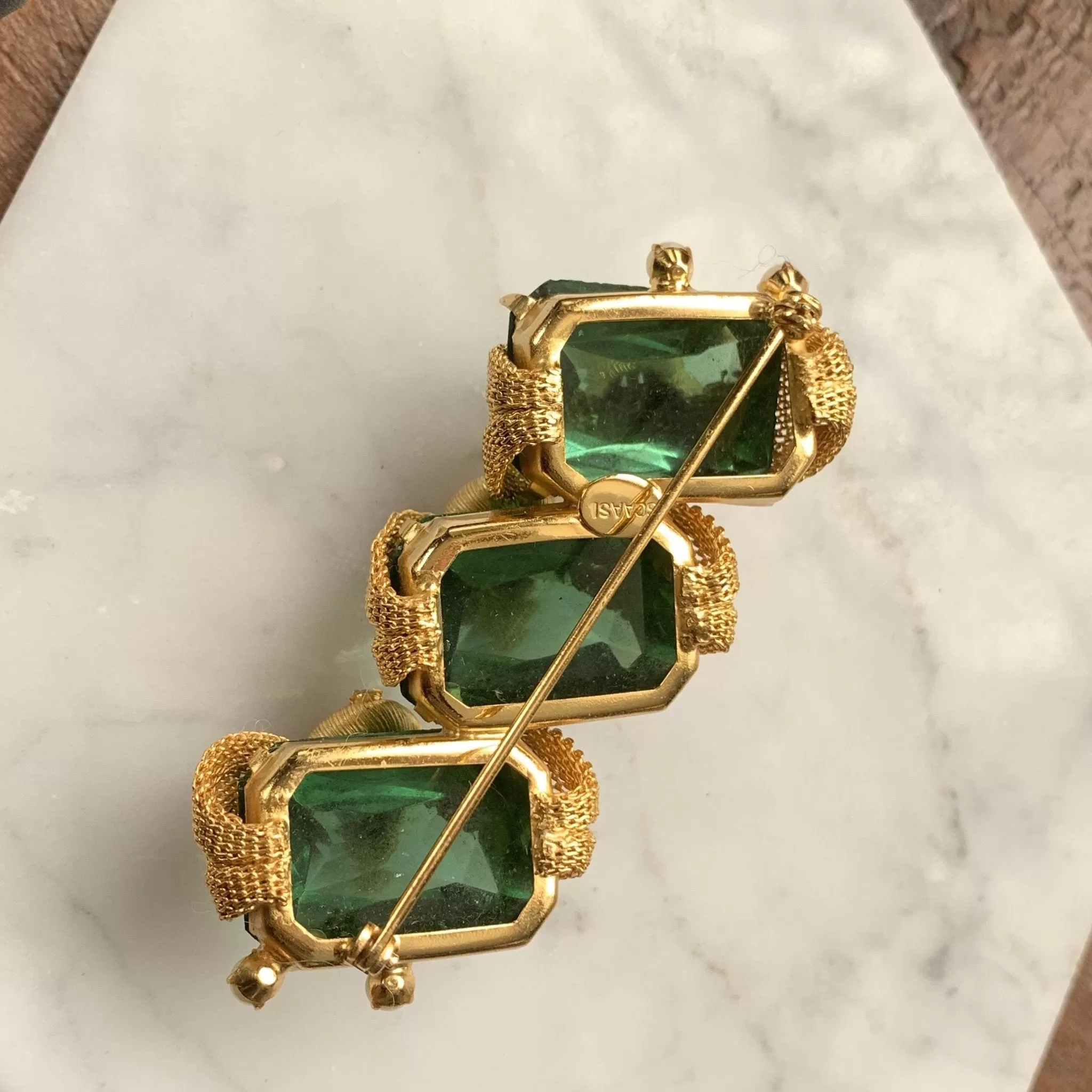 Vintage Avant Garde Gold Tone Brooch br Arnold Scaasi. Green Glass Stones Repurpose into a Necklace.