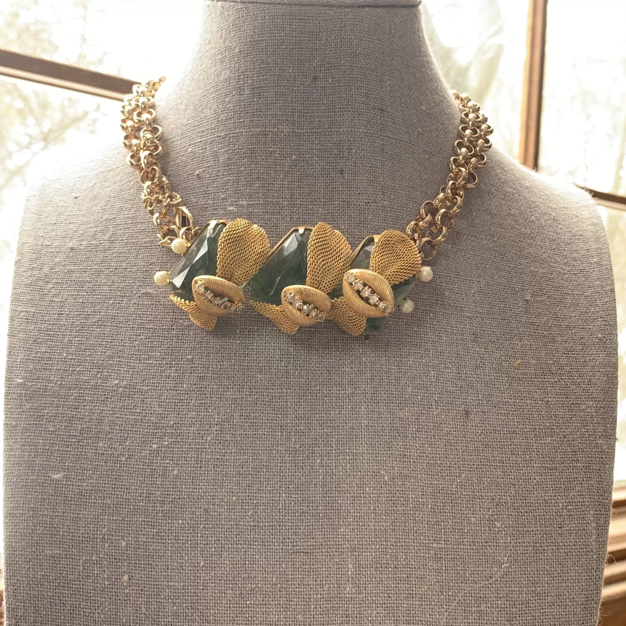 Vintage Avant Garde Gold Tone Brooch br Arnold Scaasi. Green Glass Stones Repurpose into a Necklace.