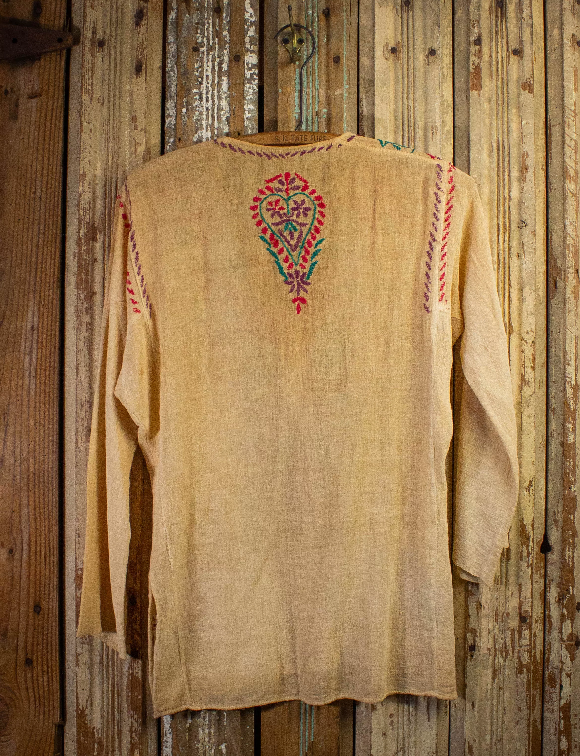 Vintage Embroidered Hippie Shirt 70s Tan Medium