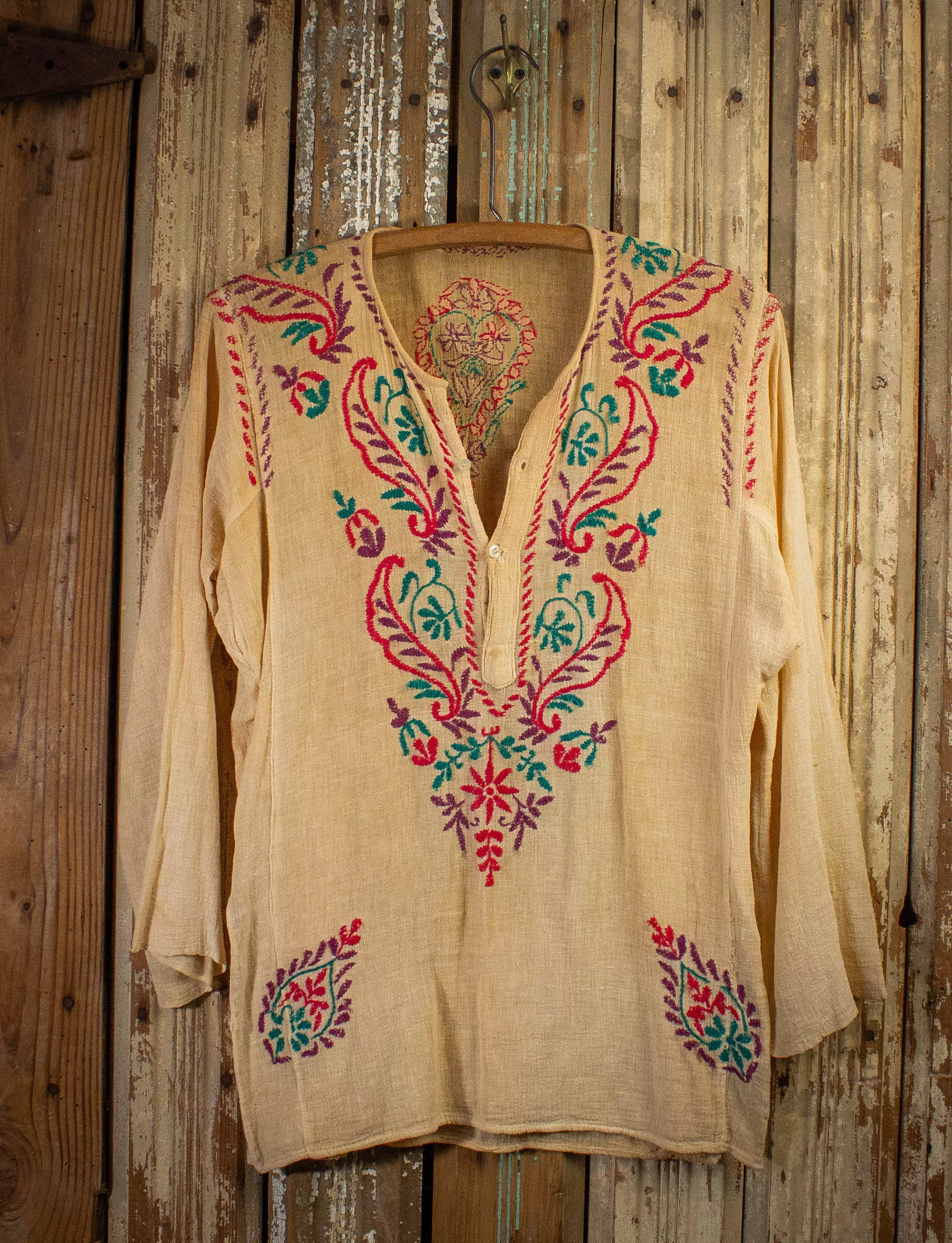 Vintage Embroidered Hippie Shirt 70s Tan Medium