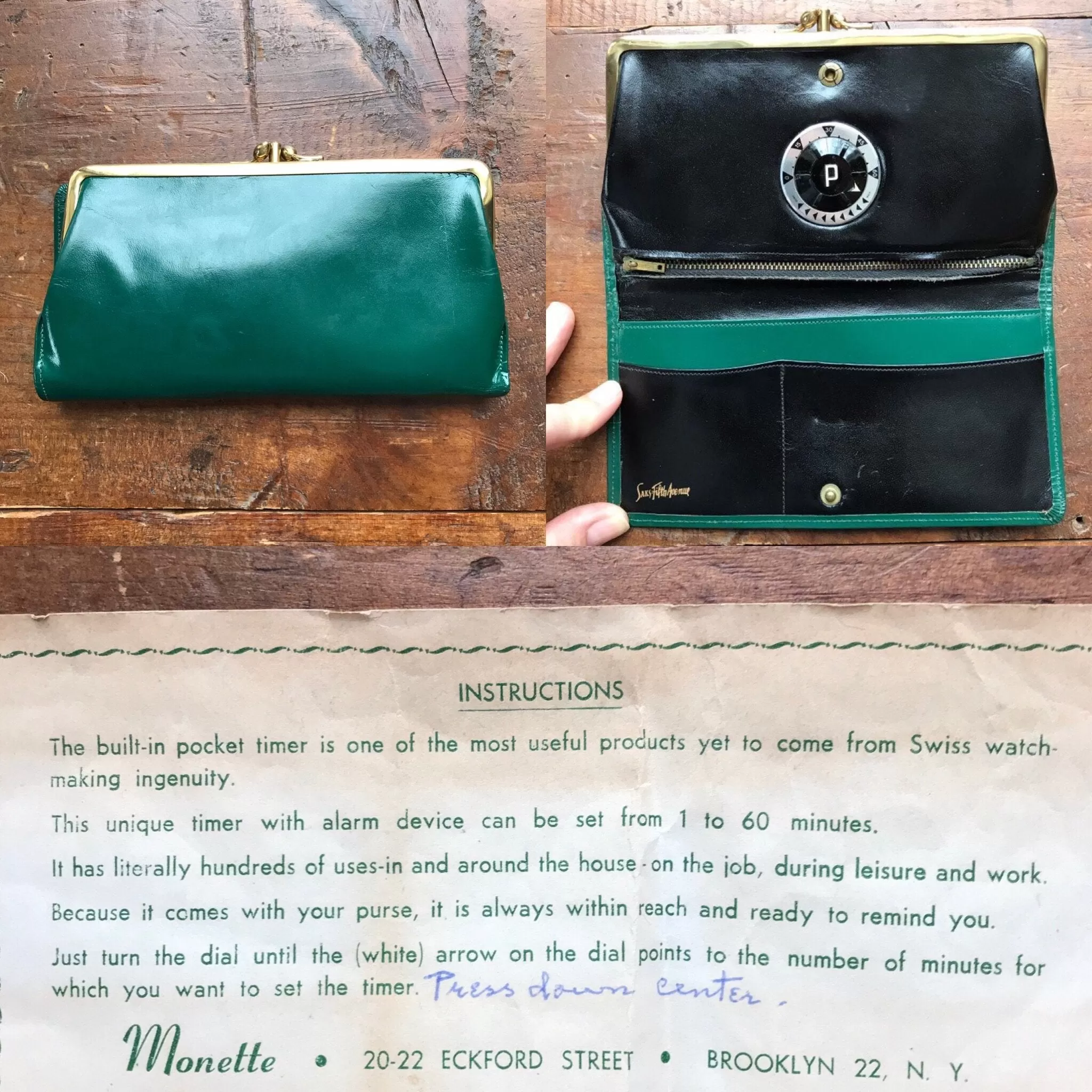 Vintage Leather Clutch / Wallet from Saks Fifth Avenue with built in Timer. Forest Green Leather.