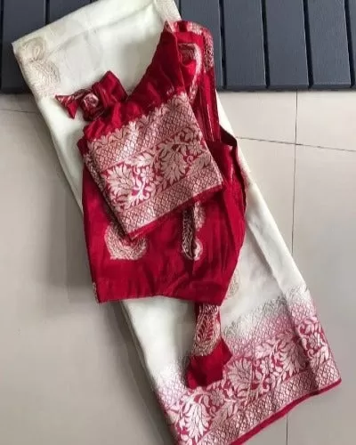 White Russian Silk Saree With Stitched Readymade Blouse