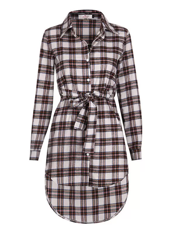 Women Casual Plaid Long Sleeve Shirt Dress