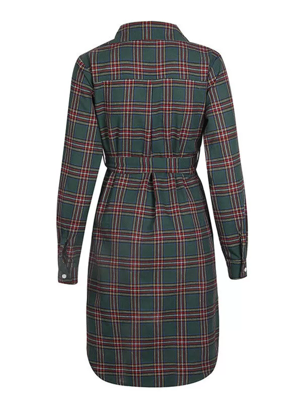 Women Casual Plaid Long Sleeve Shirt Dress