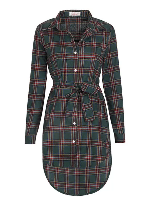 Women Casual Plaid Long Sleeve Shirt Dress