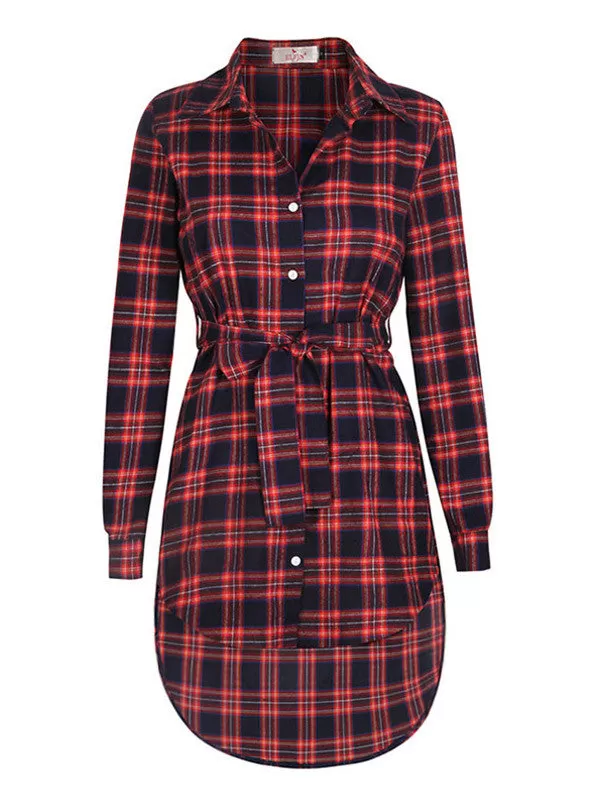 Women Casual Plaid Long Sleeve Shirt Dress